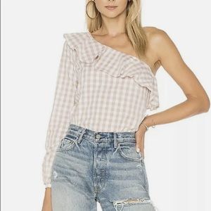 L’Academie Asymmetric Blouse Gingham Checkered One Shoulder Top large